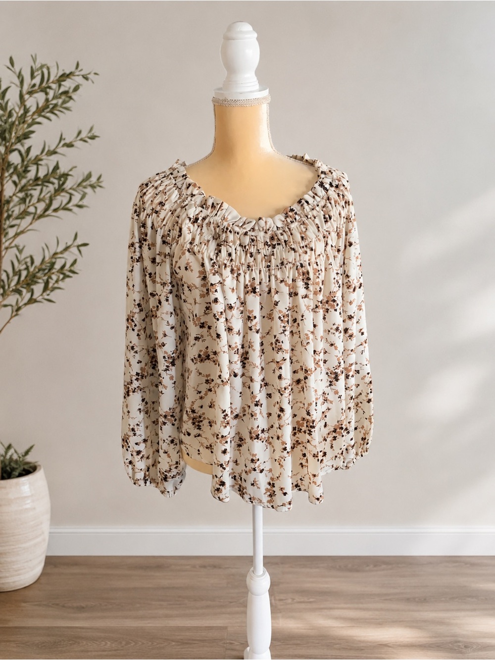 Ces Femme Cream Floral Smocked Neck Blouse